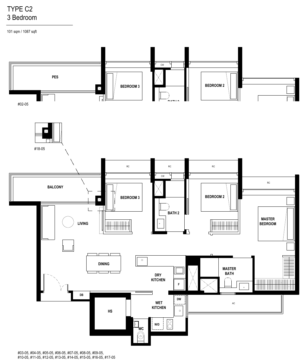 Type C2 · 3-Bedroom Premium · 1,087 sqft