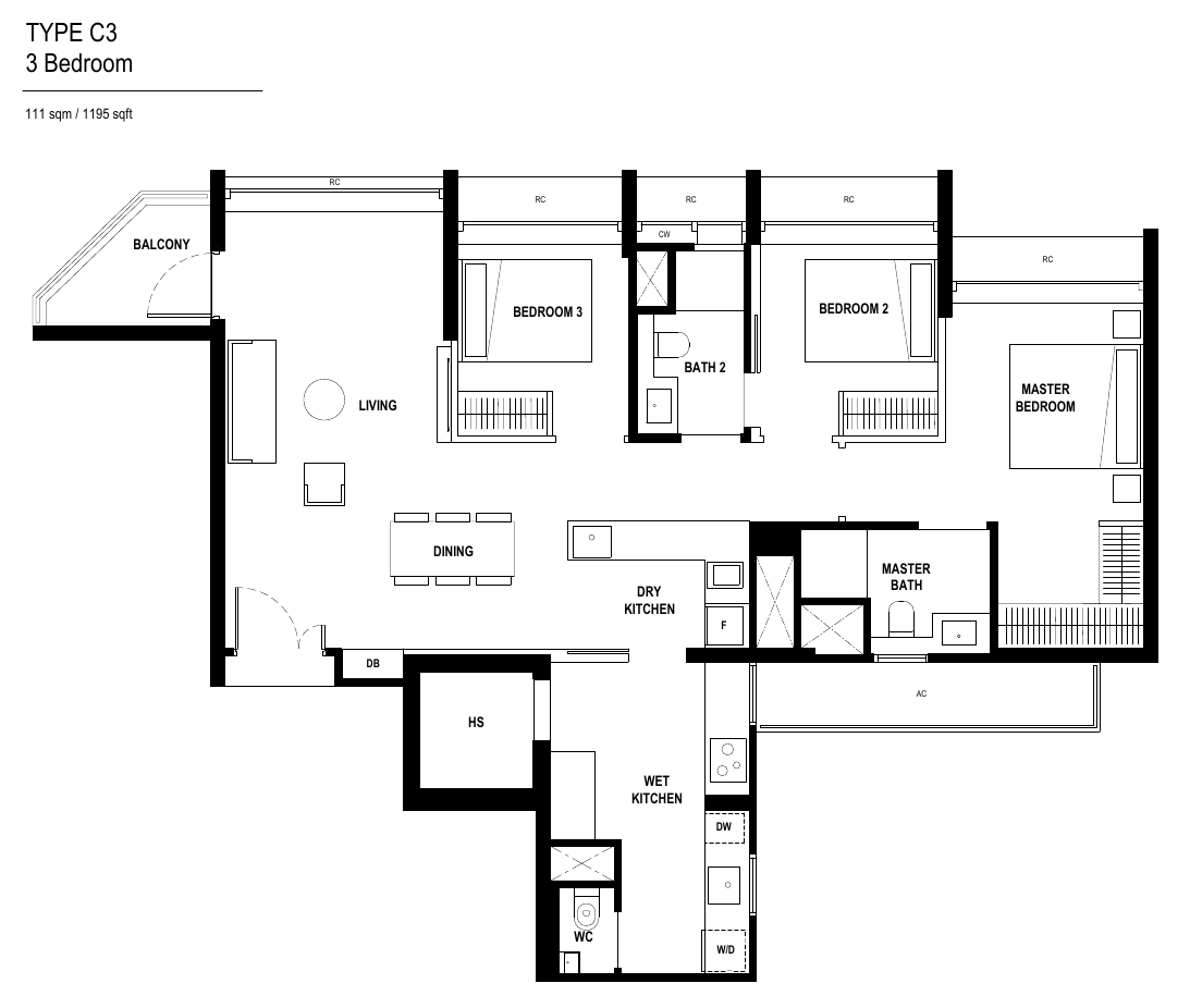 Type C3 · 3-Bedroom Premium · 1,195 sqft